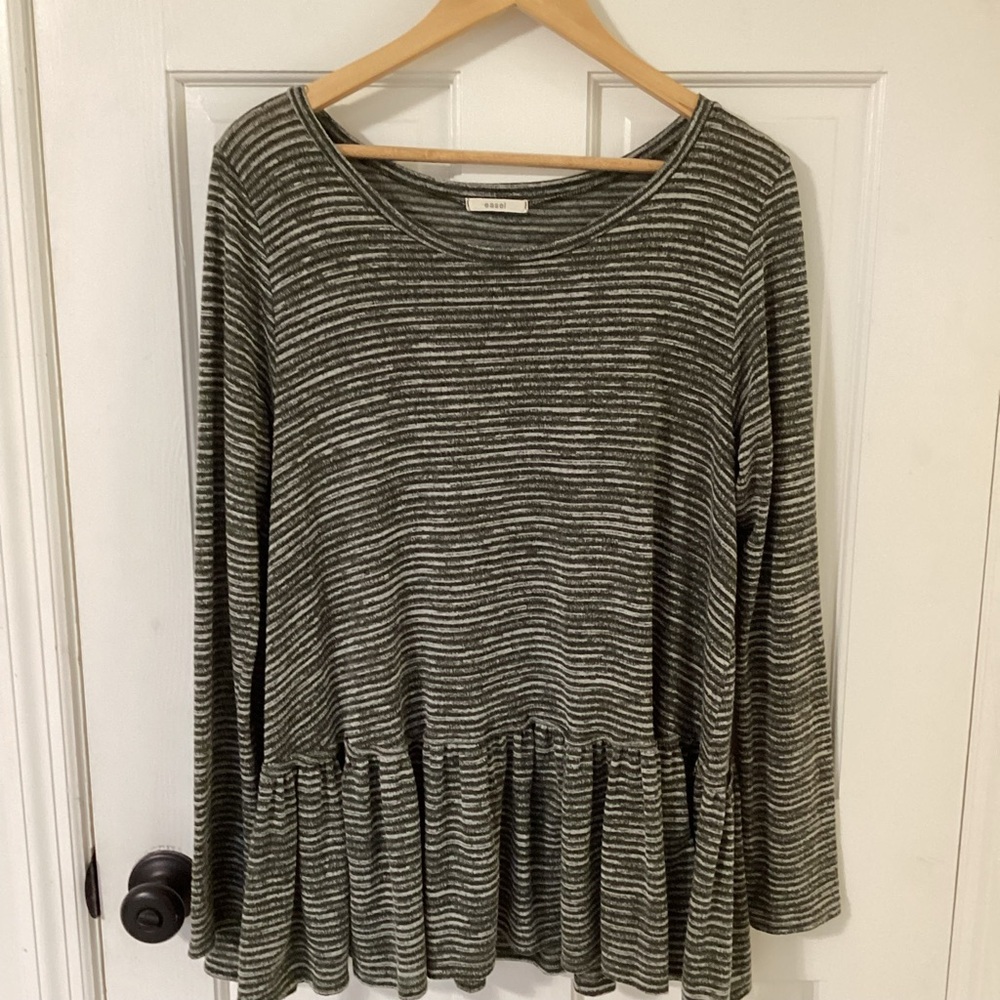 Easel Striped Long Sleeve Peplum Top - Green